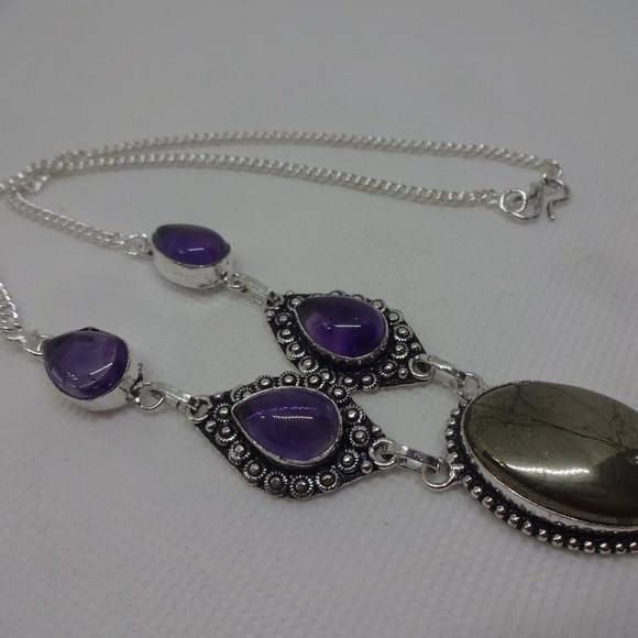 Stunning "APACHE PYRITE & AMETHYST" Handmade Sterling Necklace 19" #792 - Picture 3 of 3